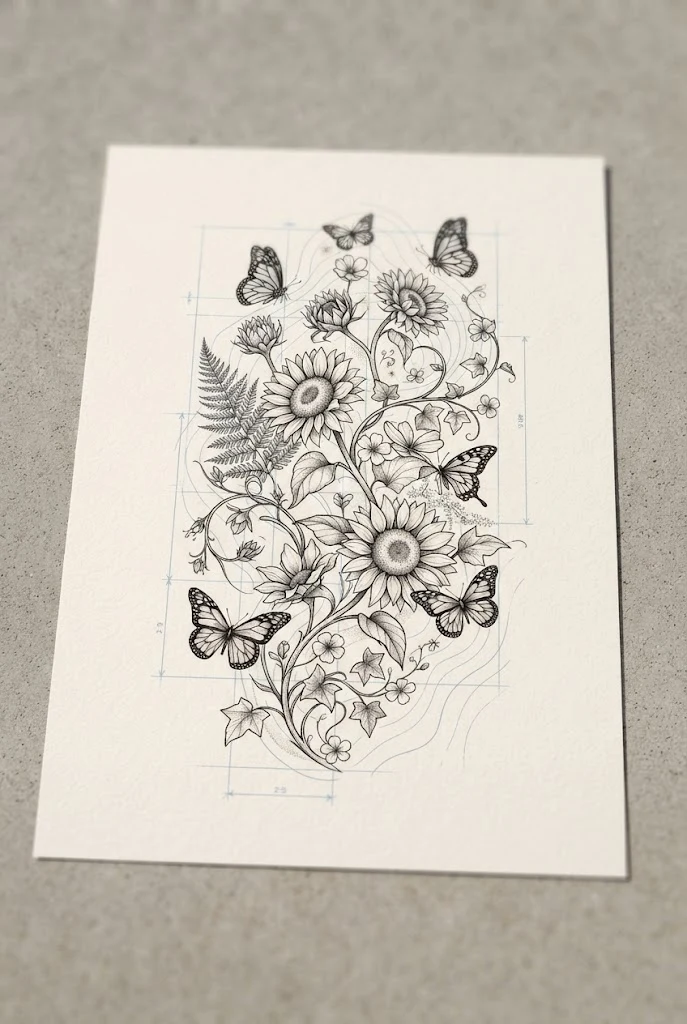 Stenciled Botanical Blueprint — sunflower butterfly tattoo style outfit