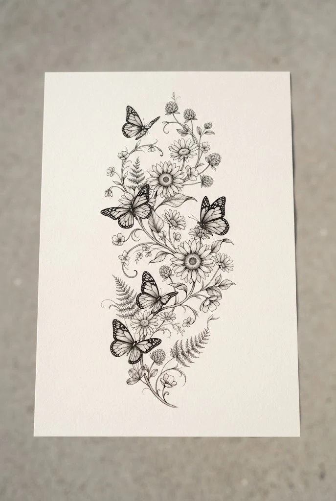 Golden Hour Meadow Garland — sunflower butterfly tattoo style outfit