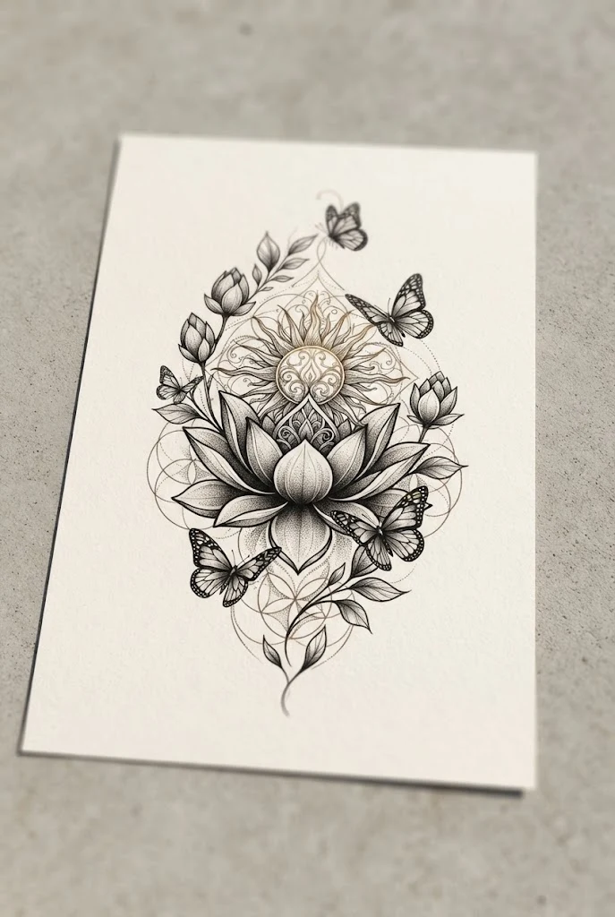 Sacred Lotus and Golden Sun Fusion — sunflower butterfly tattoo style outfit