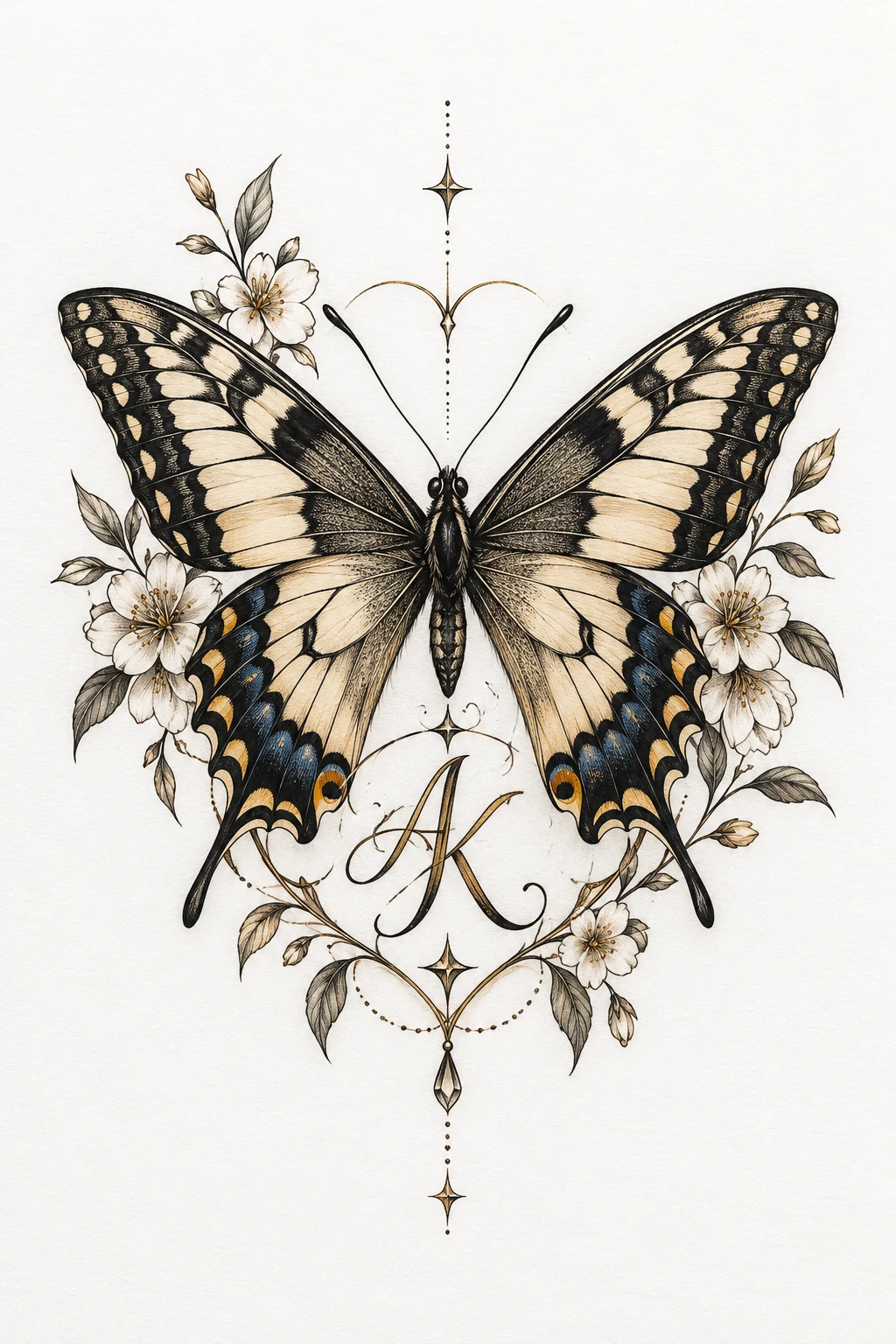 Personalized Swallowtail Butterfly Tattoo With Initials — swallowtail butterfly tattoo style outfit