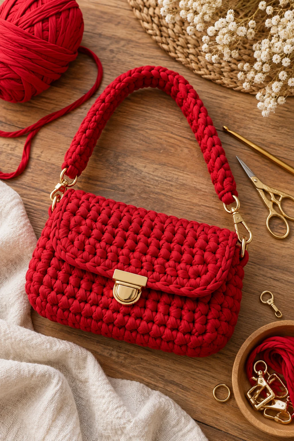 Mini Red Shoulder Bag — t shirt yarn crochet bag pattern free style outfit