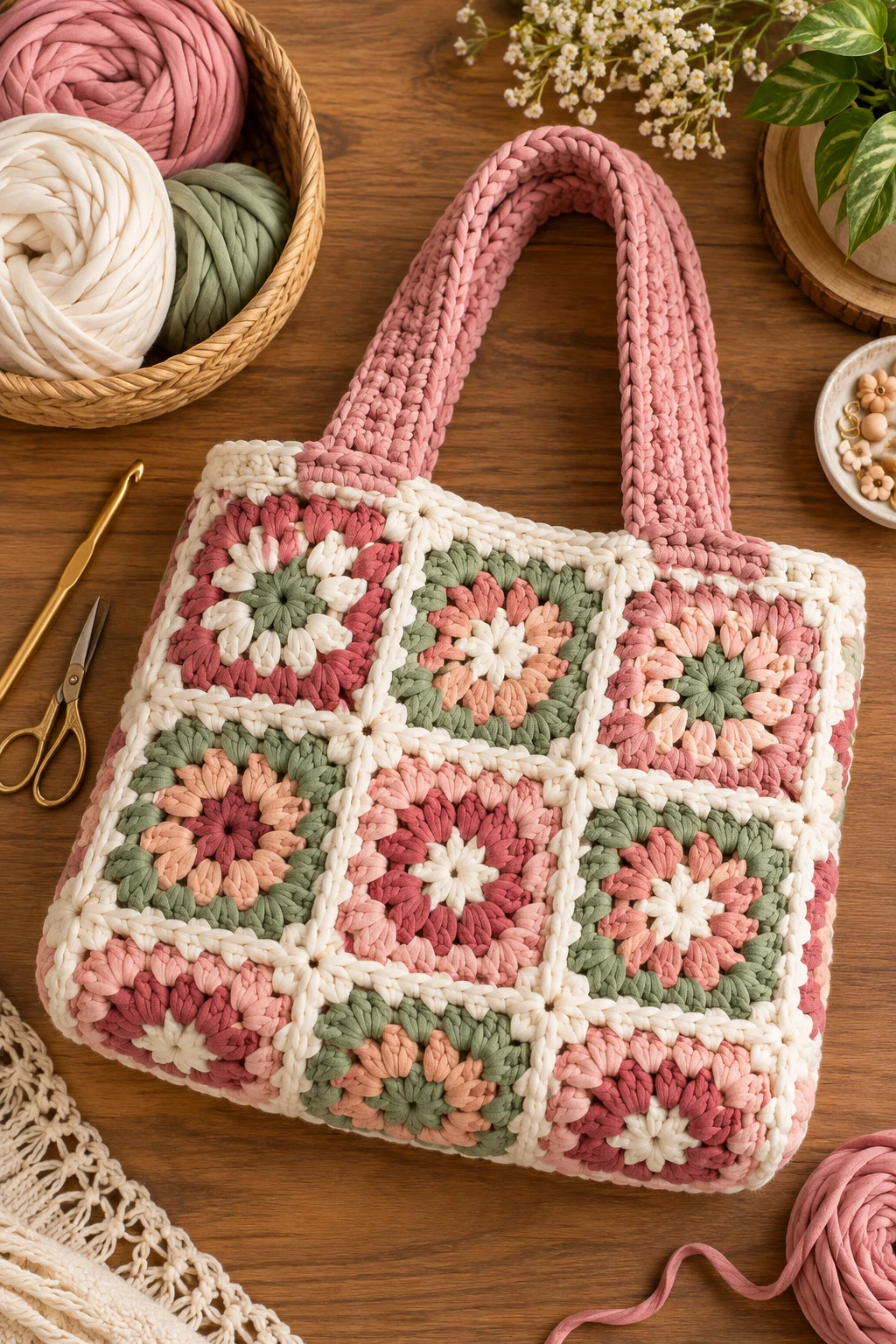 Granny Square T-Shirt Yarn Tote — T Shirt Yarn Crochet Bag Pattern Free — t shirt yarn crochet bag pattern free style outfit