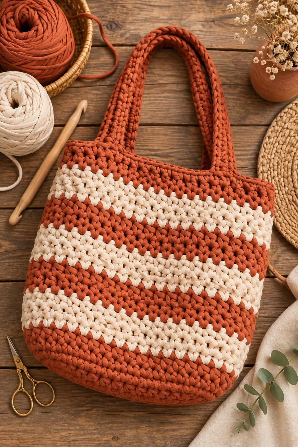Terracotta Striped Grocery Bag — t shirt yarn crochet bag pattern free style outfit