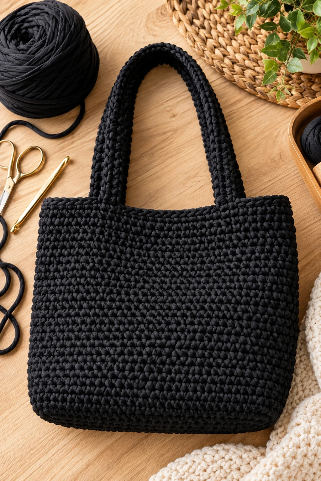 Black Minimalist Everyday Tote — T Shirt Yarn Crochet Bag Pattern Free — t shirt yarn crochet bag pattern free style outfit