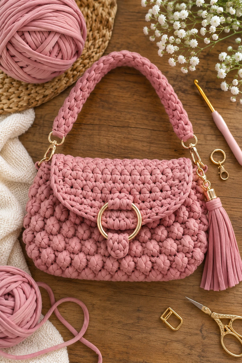 Dusty Rose Crochet Purse — t shirt yarn crochet bag pattern free style outfit