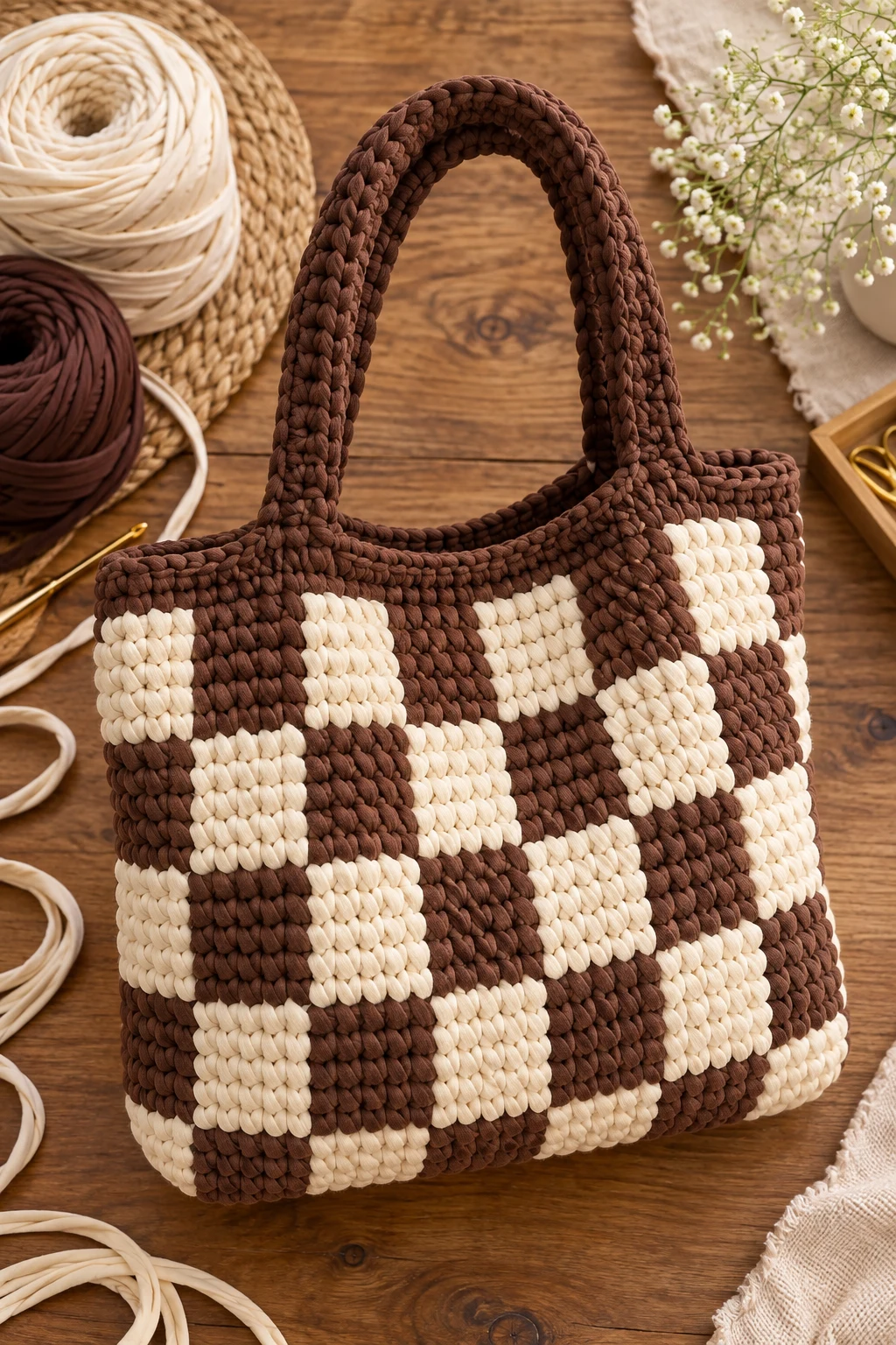 Cream-and-Chocolate Checkerboard Bag — t shirt yarn crochet bag pattern free style outfit