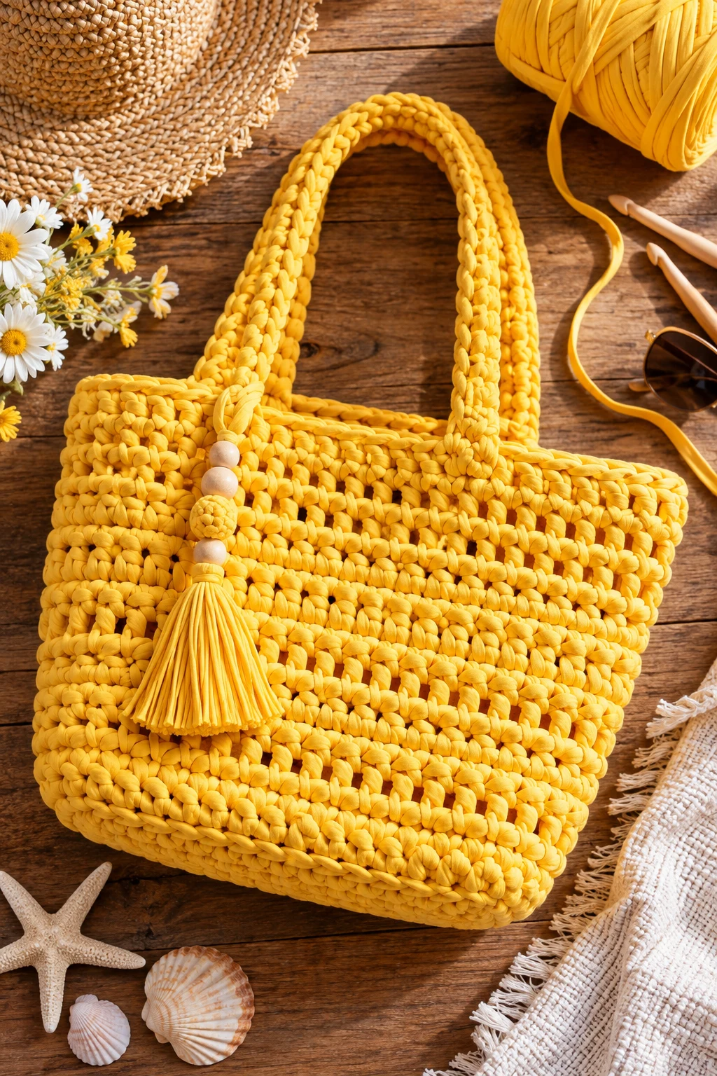 Sunny Yellow Beach Tote — T Shirt Yarn Crochet Bag Pattern Free — t shirt yarn crochet bag pattern free style outfit