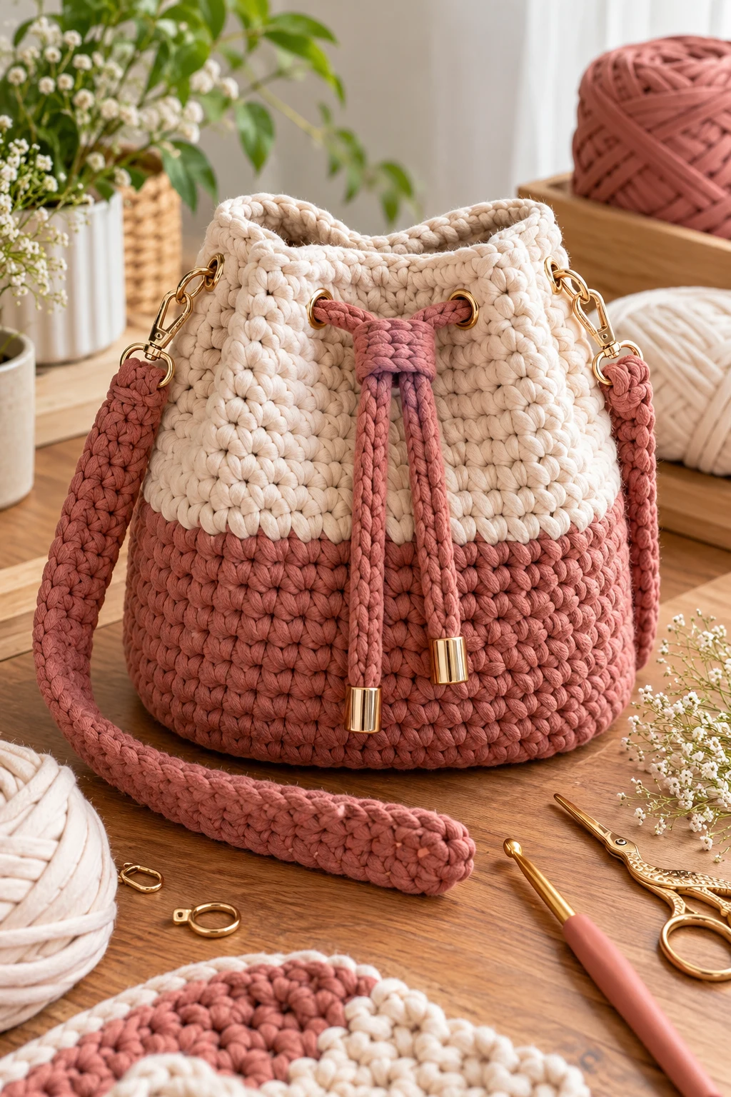 Two-Tone Bucket Bag — T Shirt Yarn Crochet Bag Pattern Free — t shirt yarn crochet bag pattern free style outfit