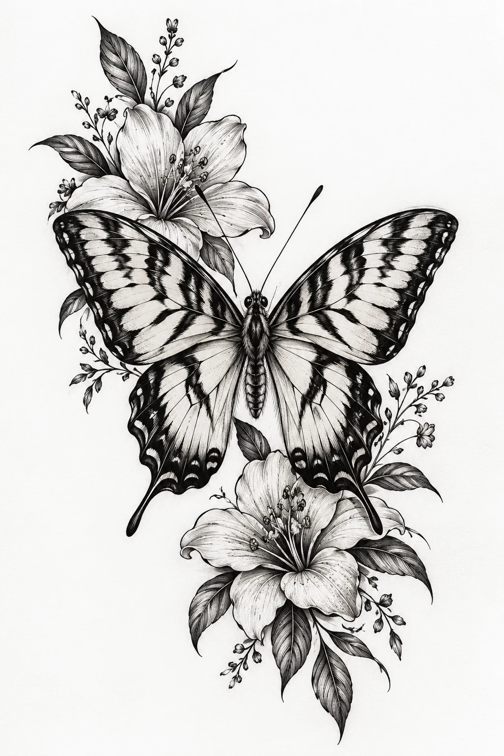 Black and White Fine-Line Design — tiger butterfly tattoo style outfit