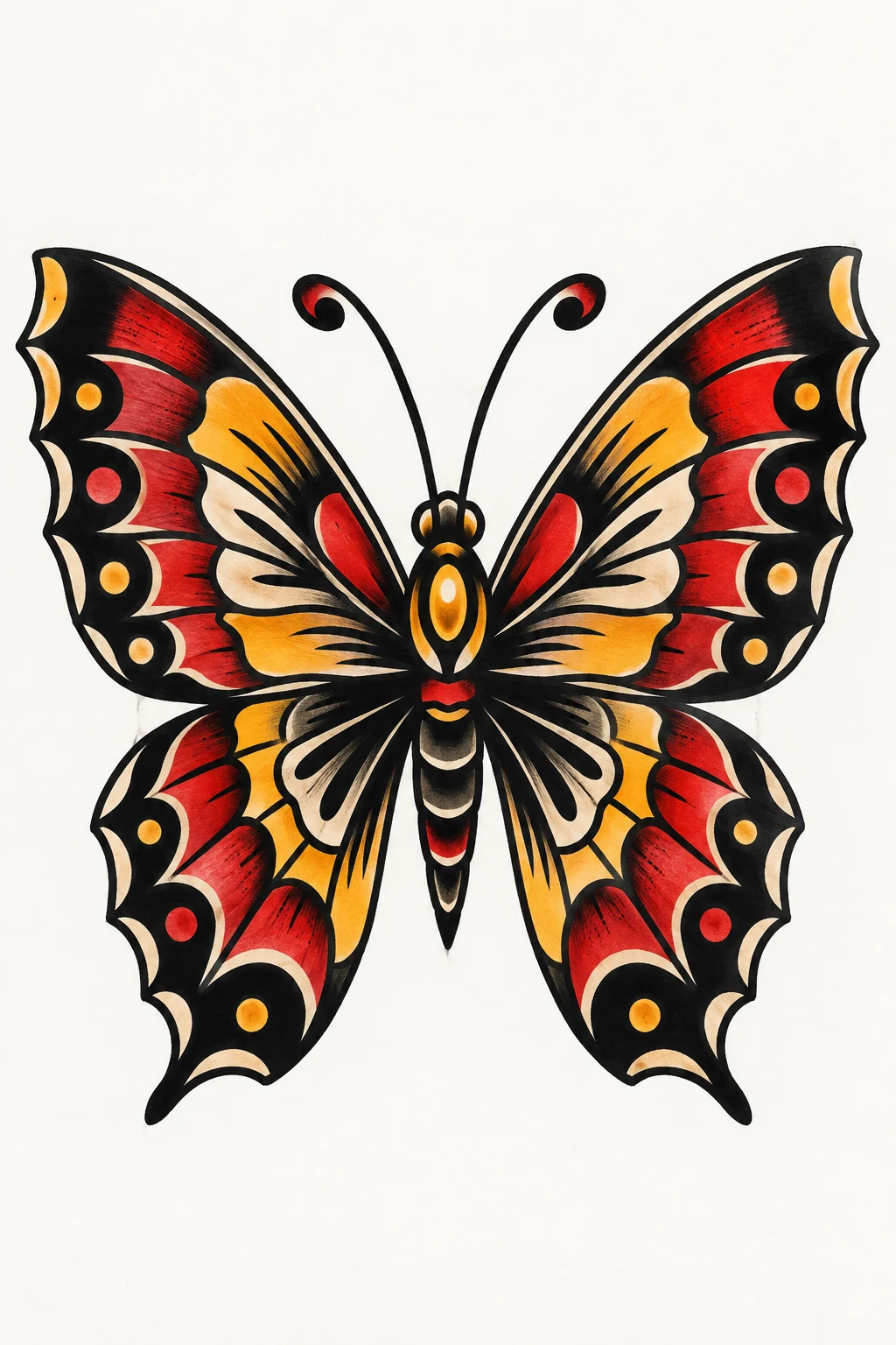 Classic Red and Yellow Trad Butterfly Tattoo — trad butterfly tattoo style outfit