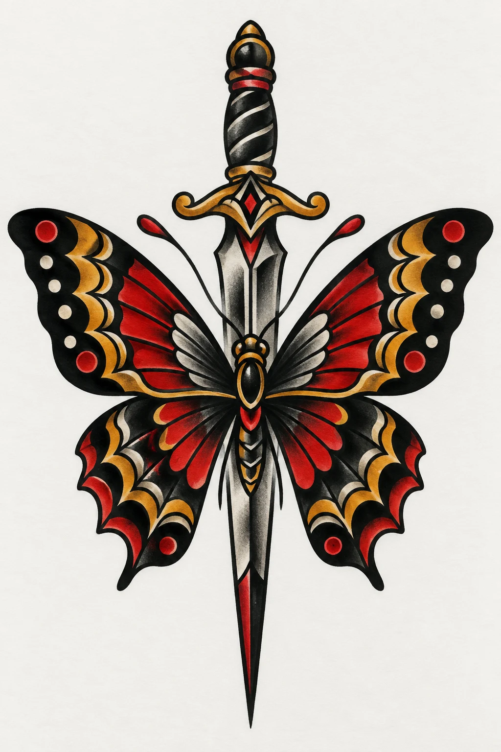 Trad Butterfly Tattoo With a Dagger — trad butterfly tattoo style outfit