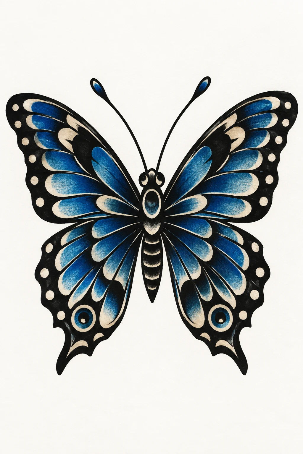 Blue and Black Old-School Butterfly — trad butterfly tattoo style outfit