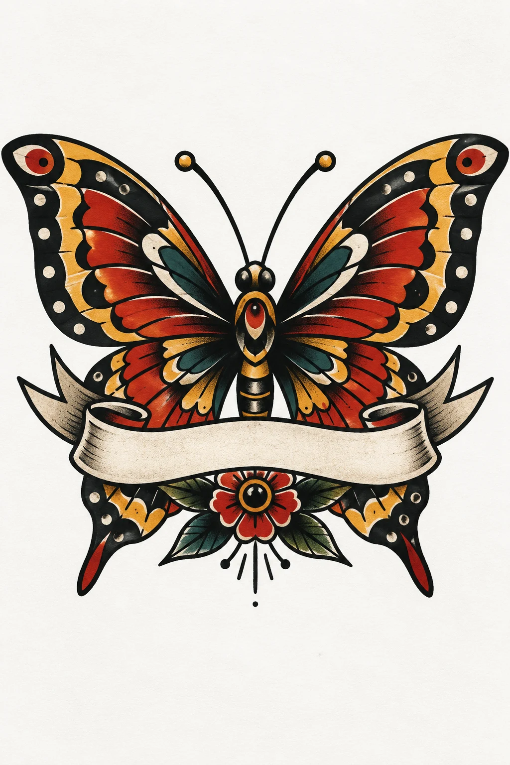 Traditional Butterfly Tattoo With a Banner — trad butterfly tattoo style outfit