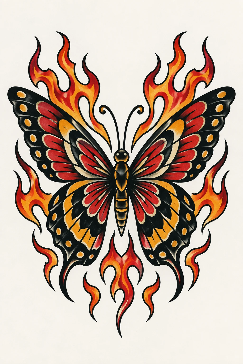 Traditional Butterfly Tattoo With Flames — trad butterfly tattoo style outfit