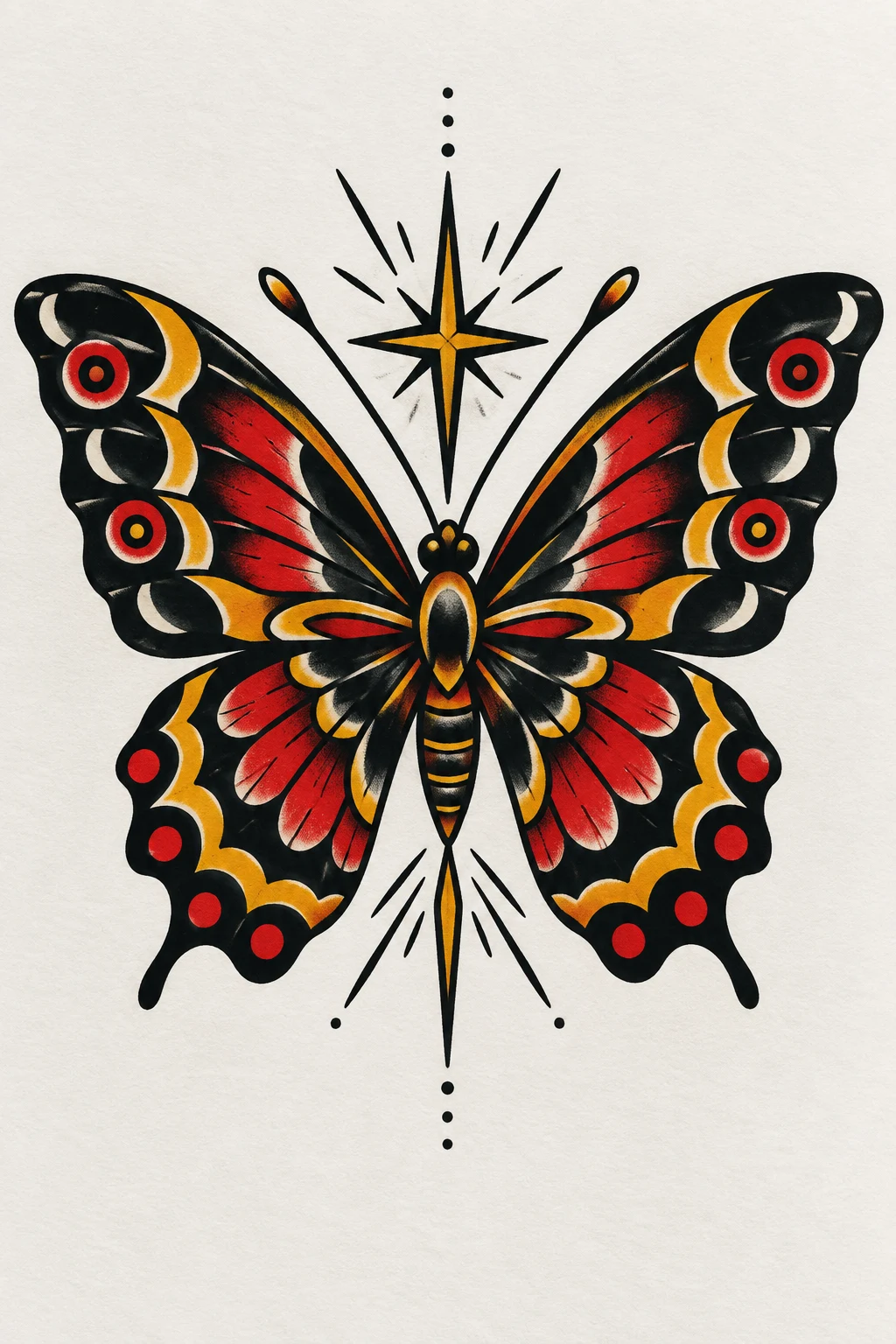 Trad Butterfly Tattoo With a Starburst — trad butterfly tattoo style outfit