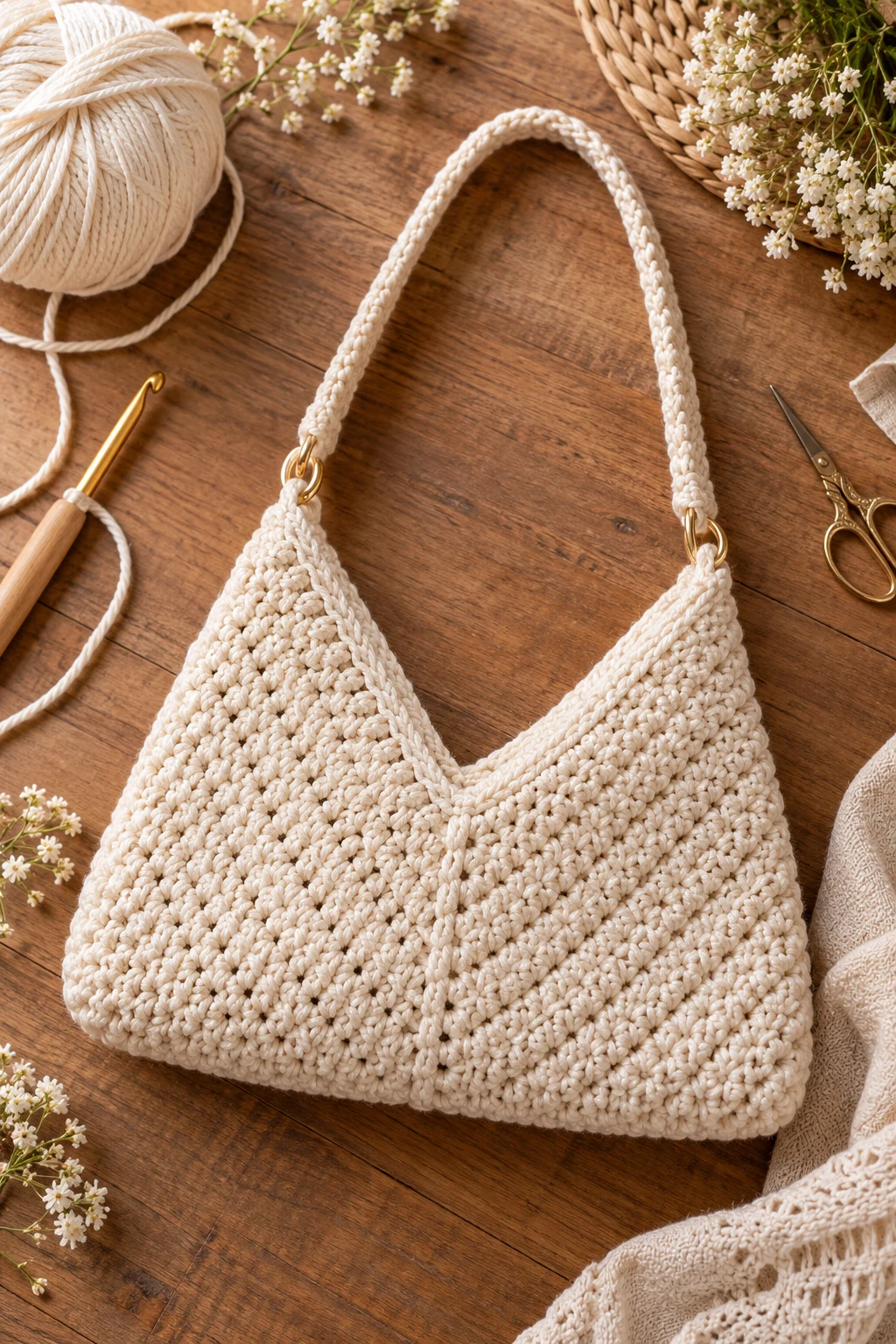 Classic Cream Triangle Crochet Bag — triangle crochet bag style outfit