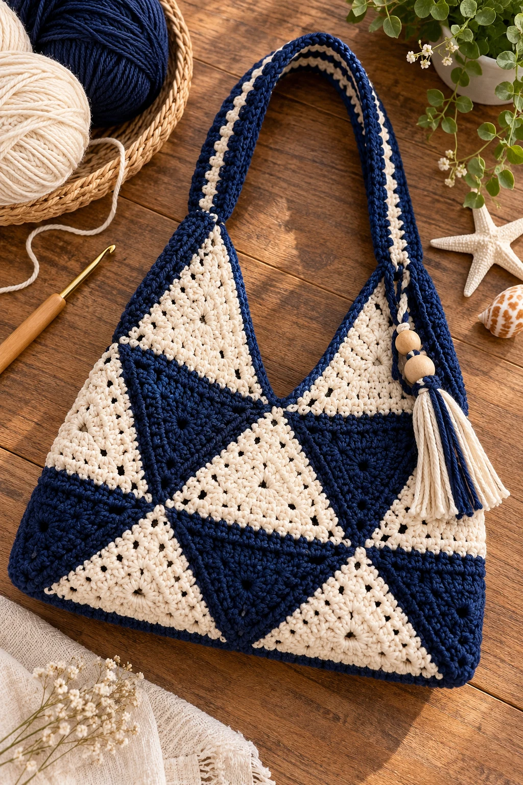 Nautical Navy and Cream Bag — triangle crochet bag style outfit