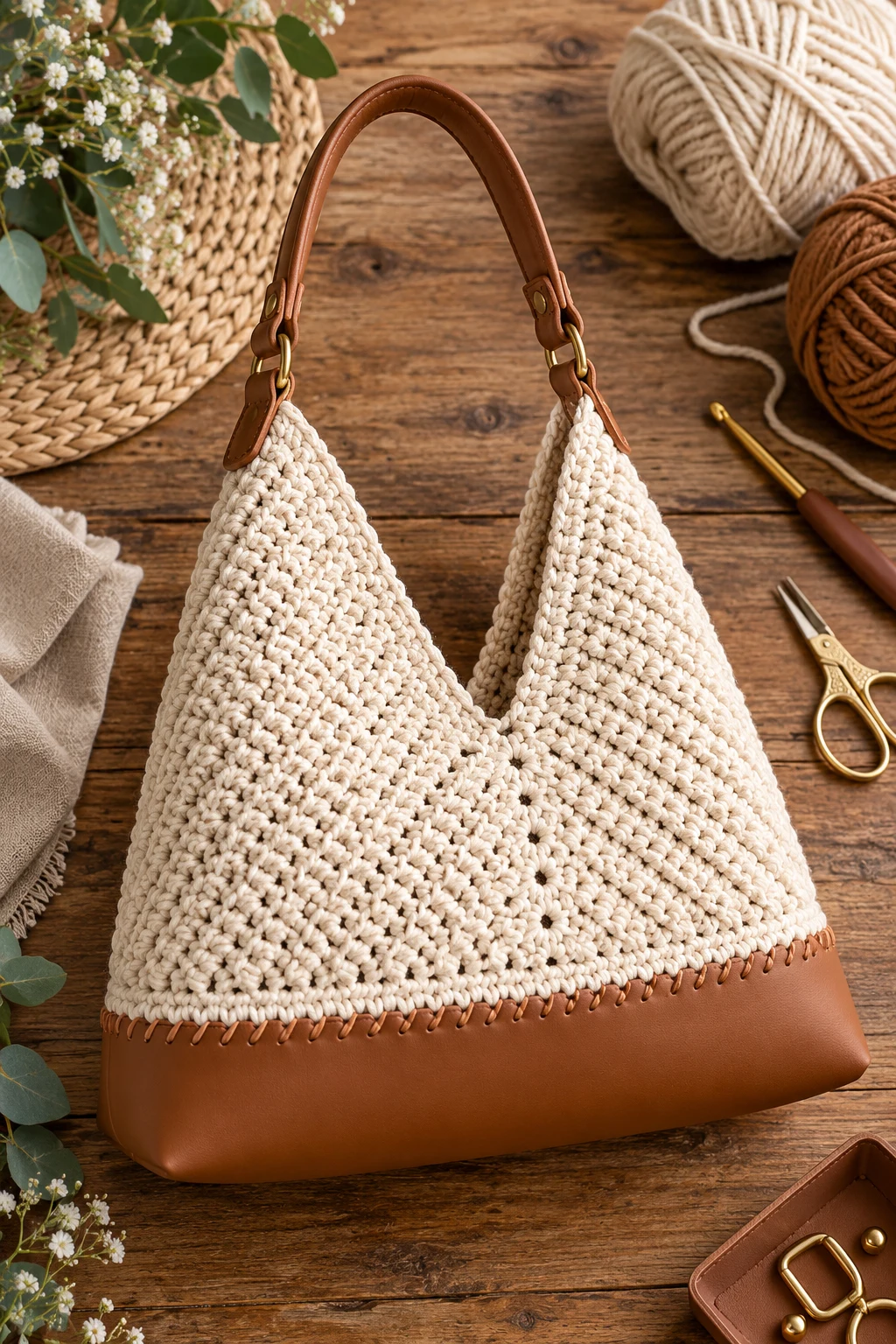 Triangle Bag With a Leather-Style Base — triangle crochet bag style outfit