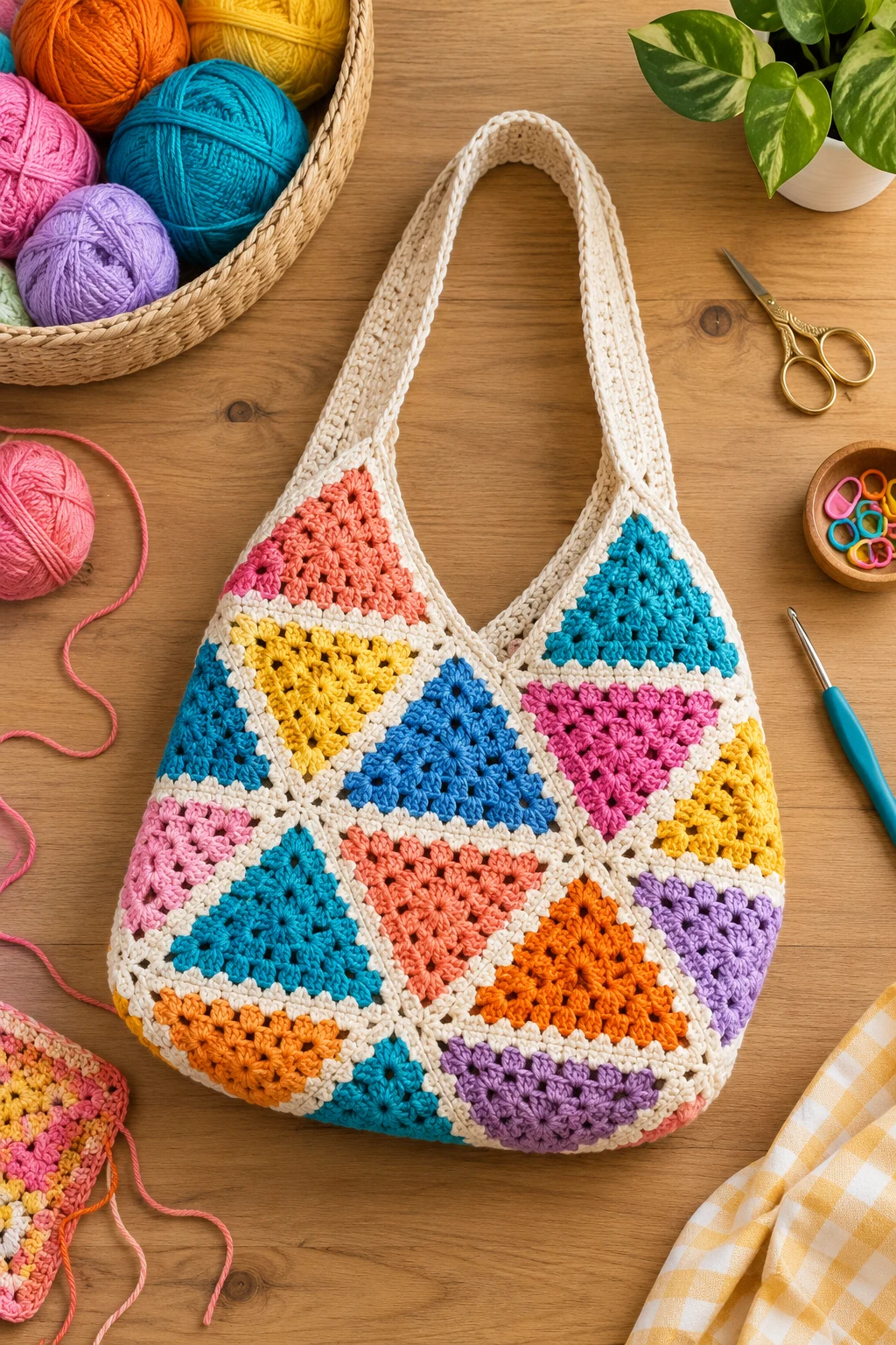 Colorful Triangle Crochet Tote — triangle crochet bag style outfit