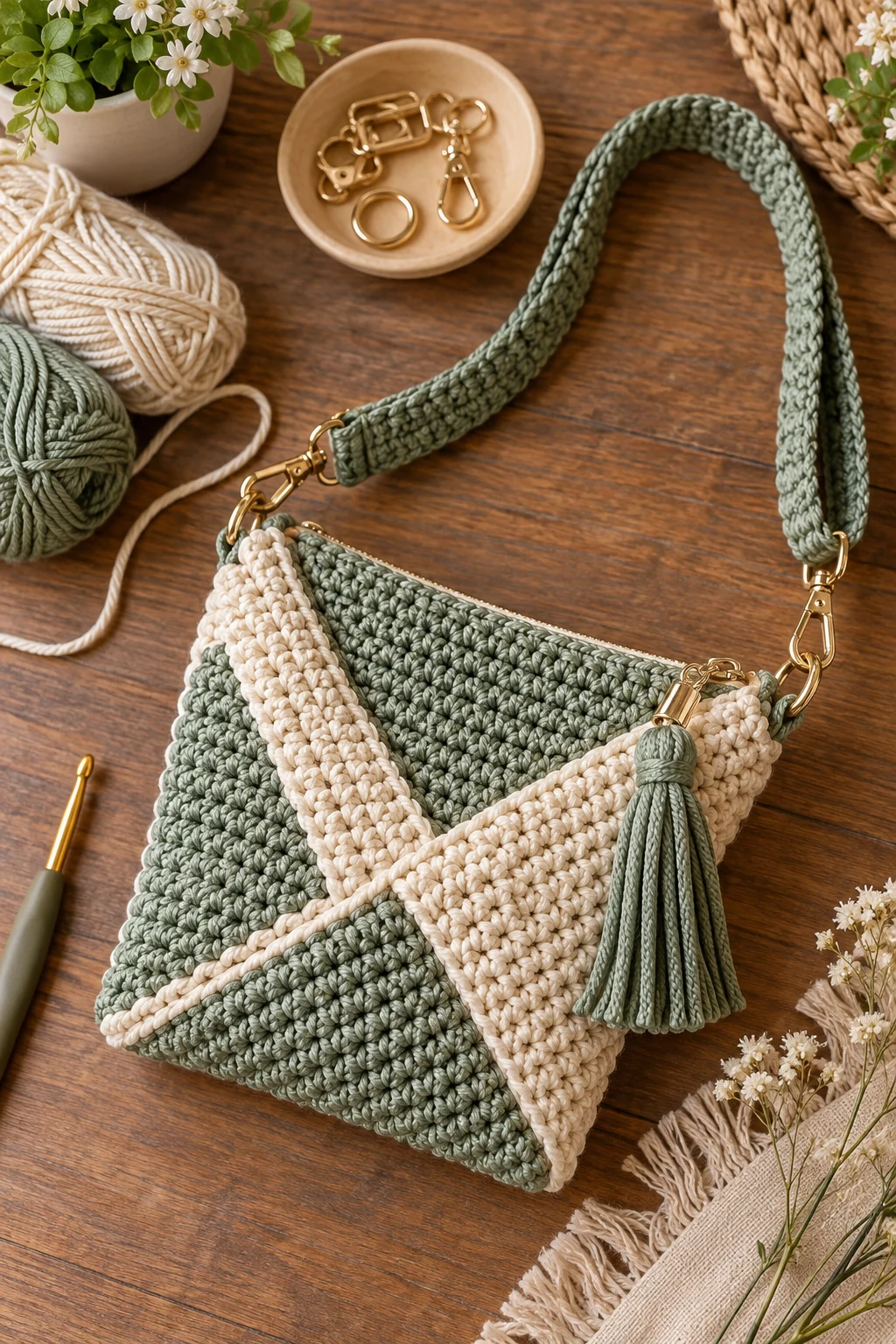 Convertible Triangle Crochet Crossbody — triangle crochet bag style outfit