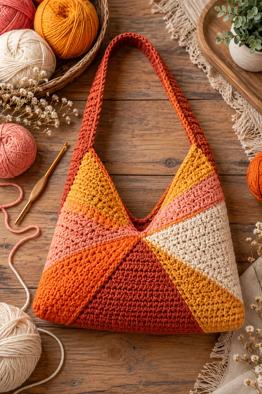 Color-Blocked Sunset Purse — triangle crochet bag style outfit