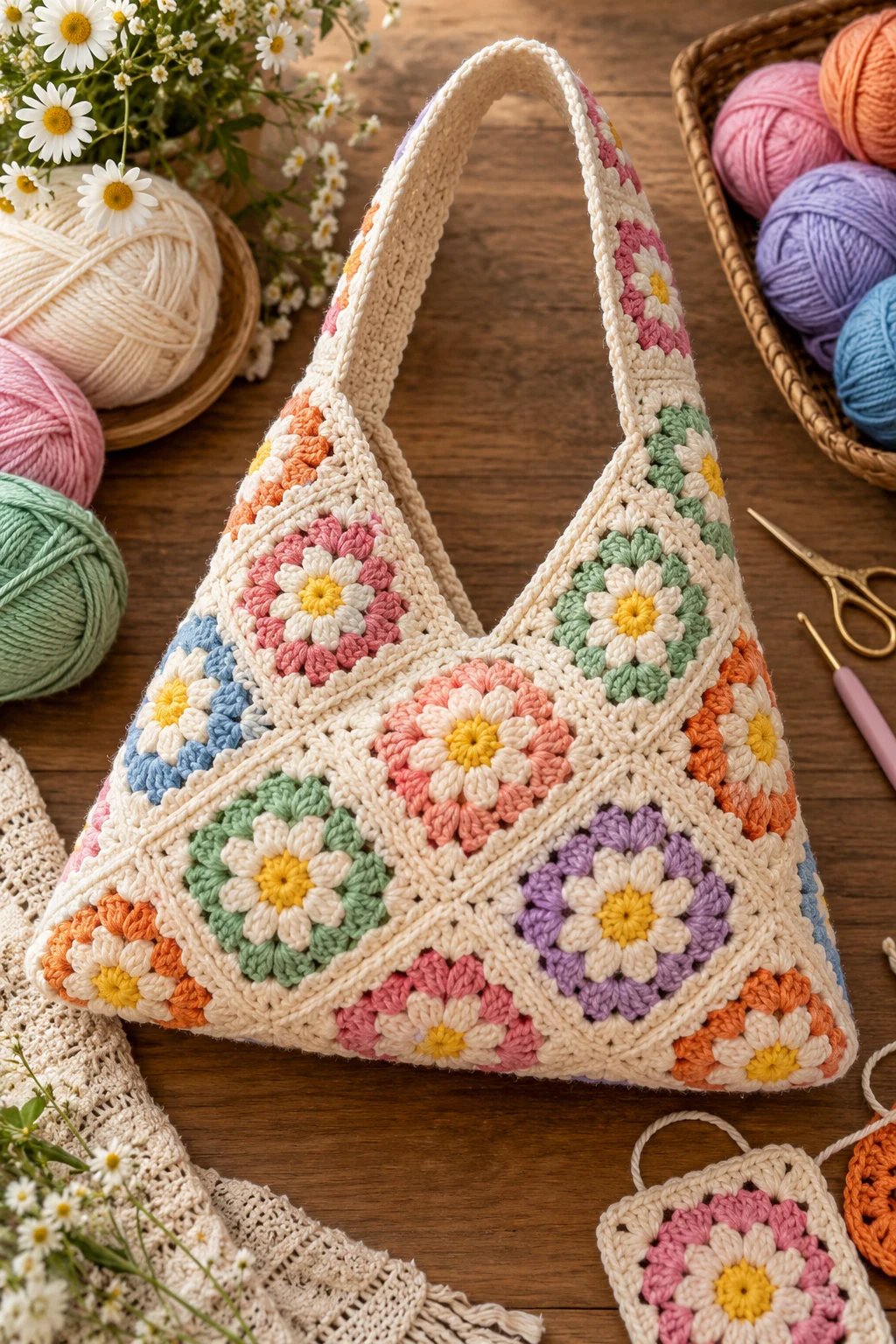 Granny-Square Triangle Beauty — triangle crochet bag style outfit