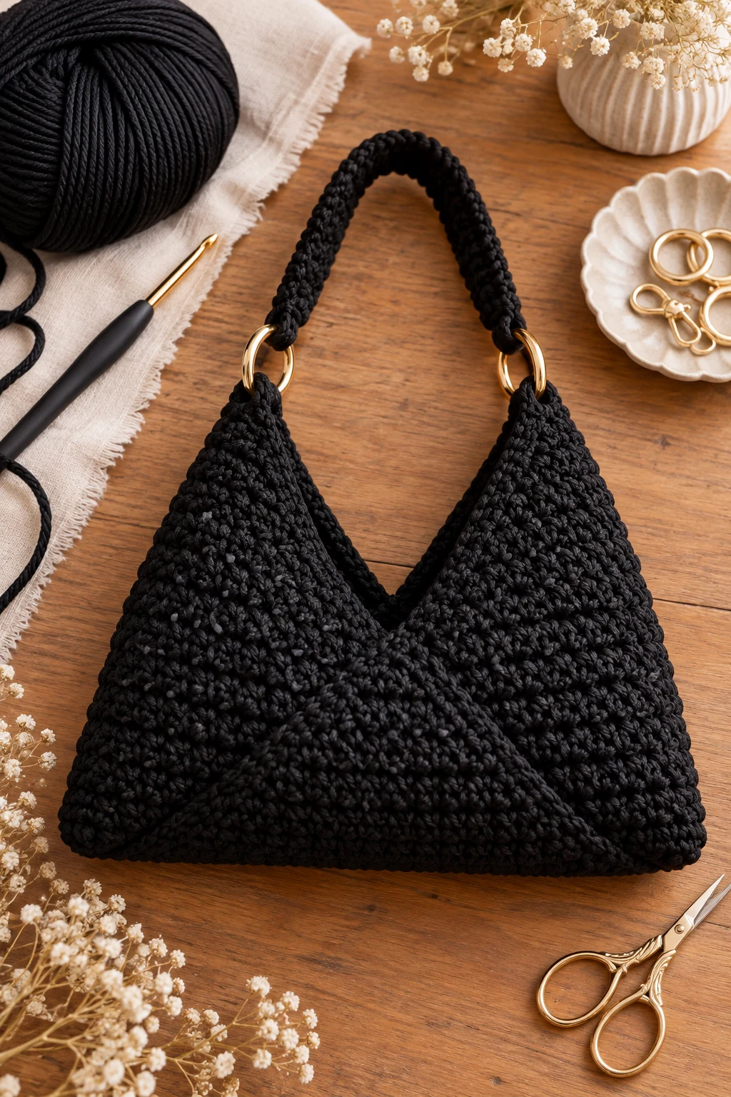Minimalist Black Evening Bag — triangle crochet bag style outfit