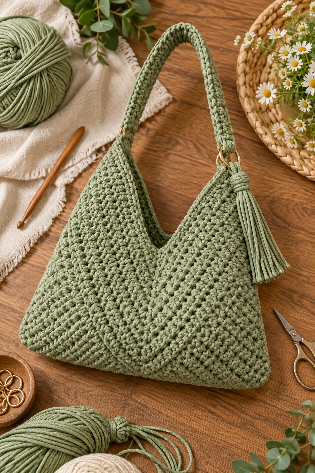 Sage Green Triangle Crochet Bag — triangle crochet bag style outfit