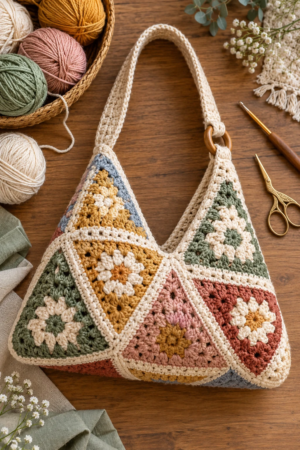 Patchwork Triangle Crochet Purse — triangle crochet bag style outfit
