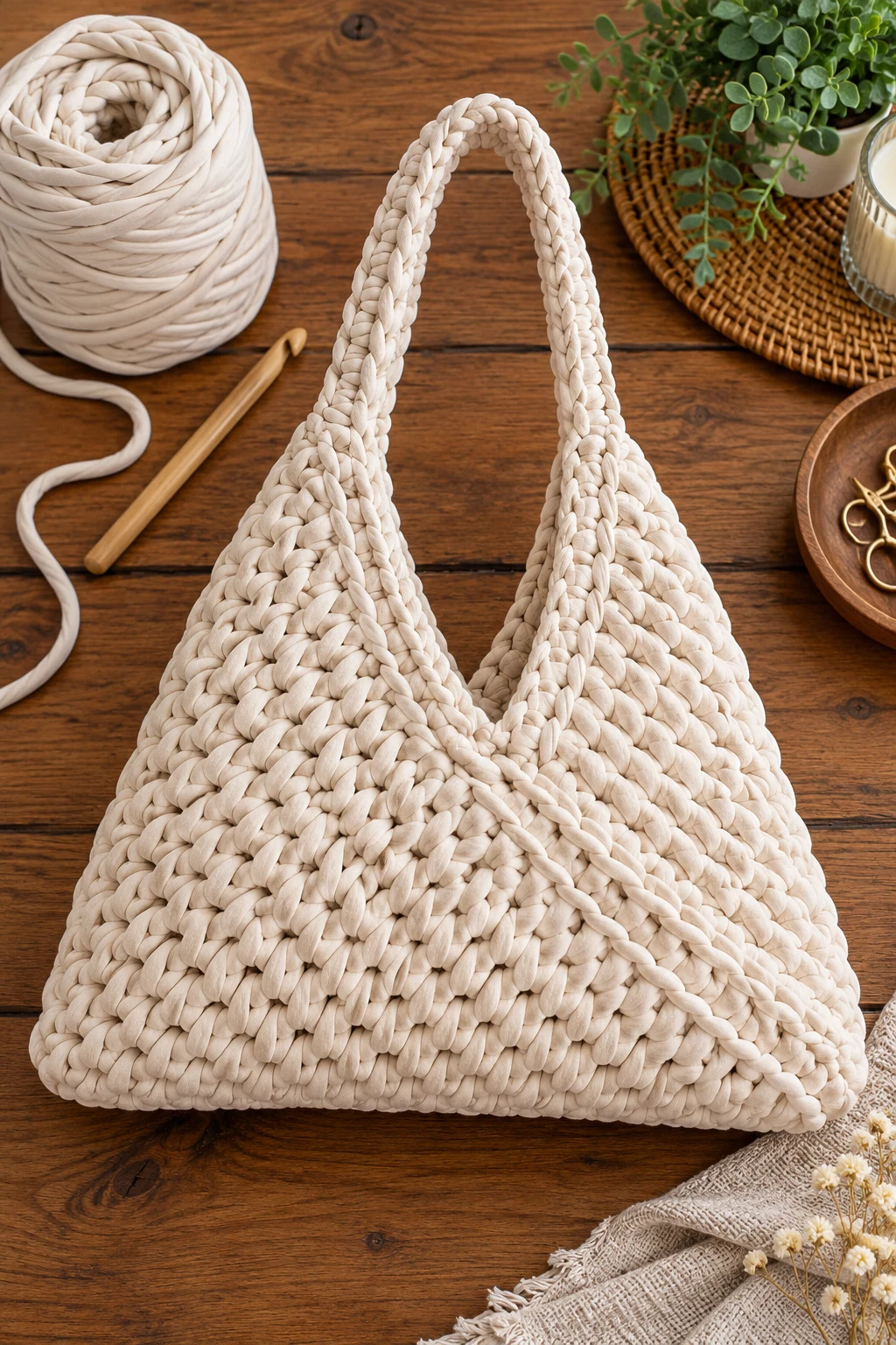 Chunky T-Shirt Yarn Triangle Tote — triangle crochet bag style outfit