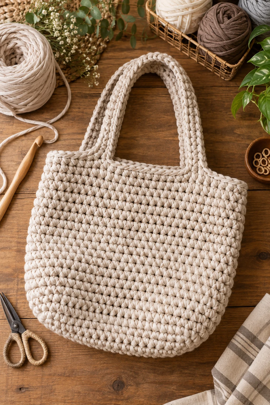 Classic Neutral Market Tote — tshirt yarn crochet bag style outfit