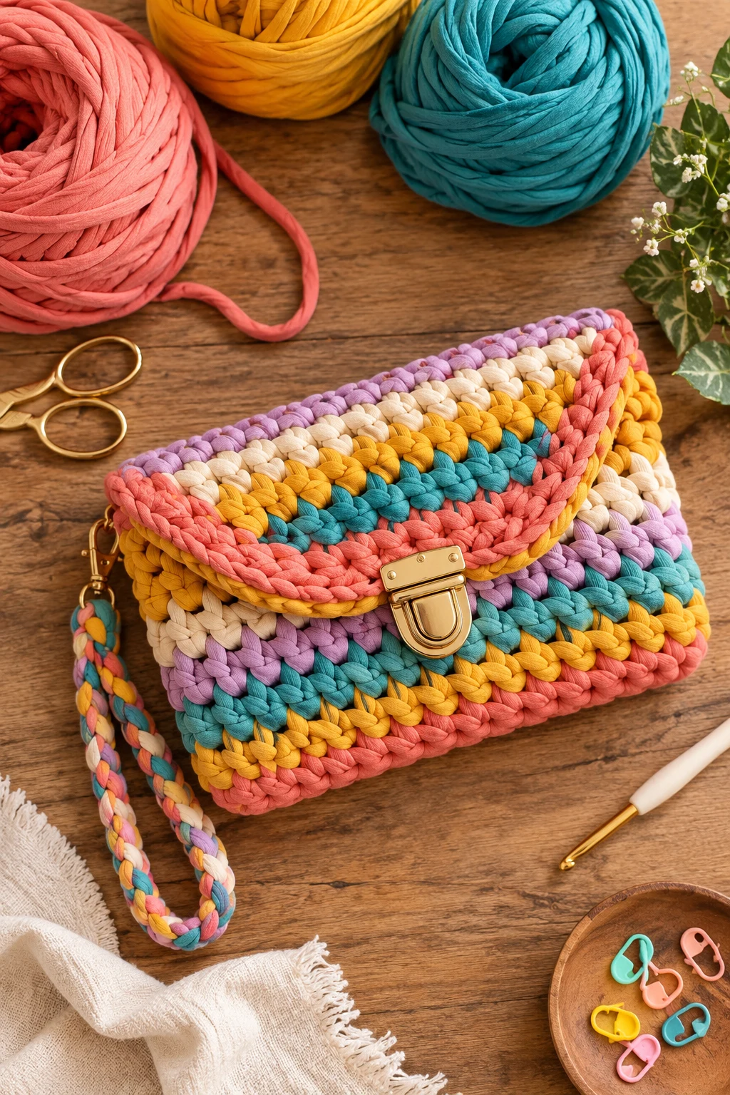 Colorful T-Shirt Yarn Clutch — tshirt yarn crochet bag style outfit