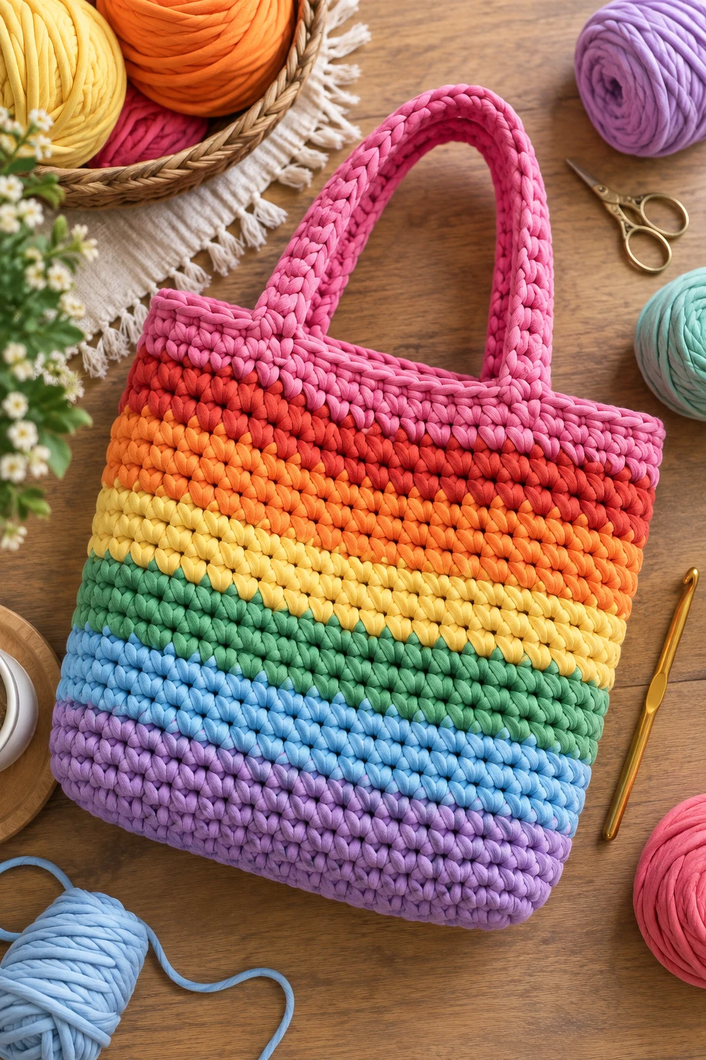 Rainbow Stripe Shopping Bag — tshirt yarn crochet bag style outfit