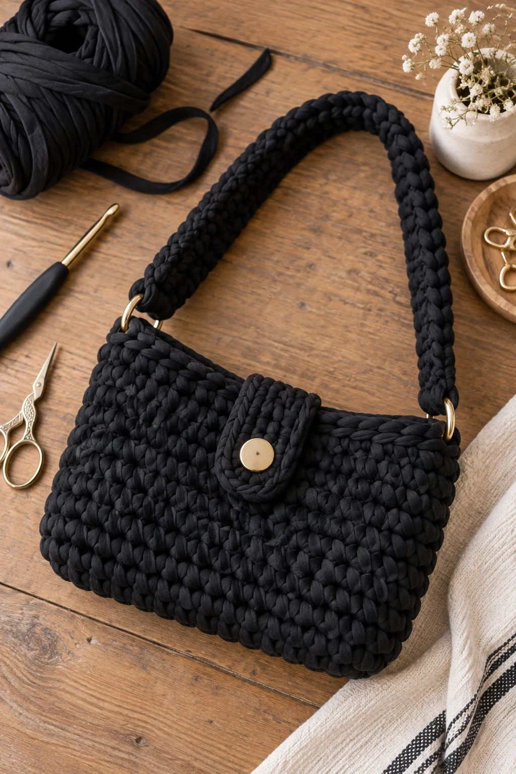 Minimalist Black Shoulder Bag — tshirt yarn crochet bag style outfit