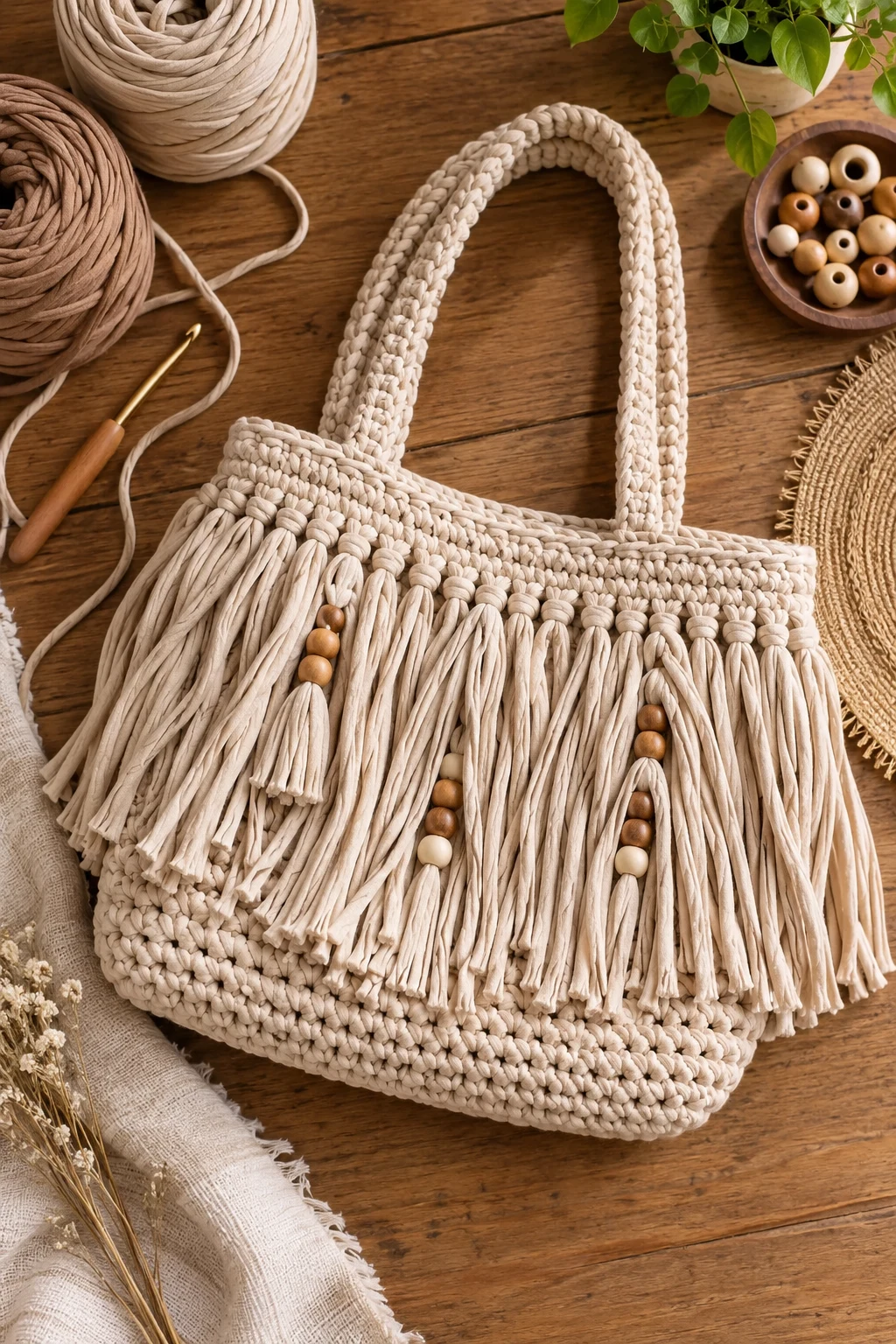 Boho Fringe Tote — tshirt yarn crochet bag style outfit