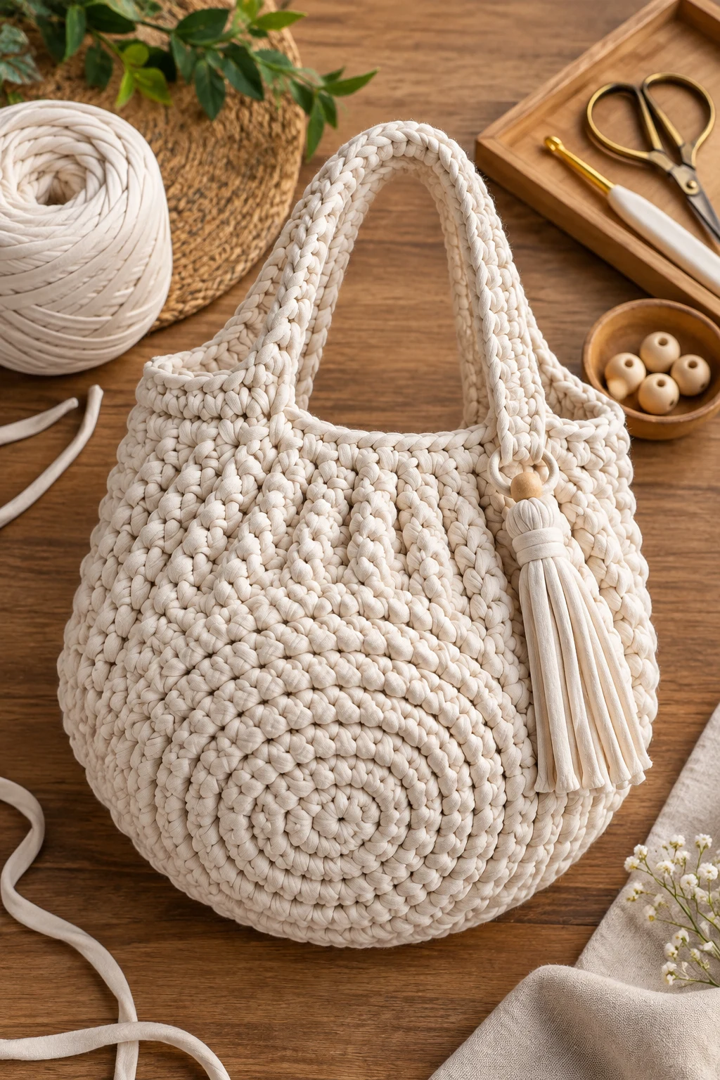 Crochet T-Shirt Yarn Bag With a Round Base — tshirt yarn crochet bag style outfit