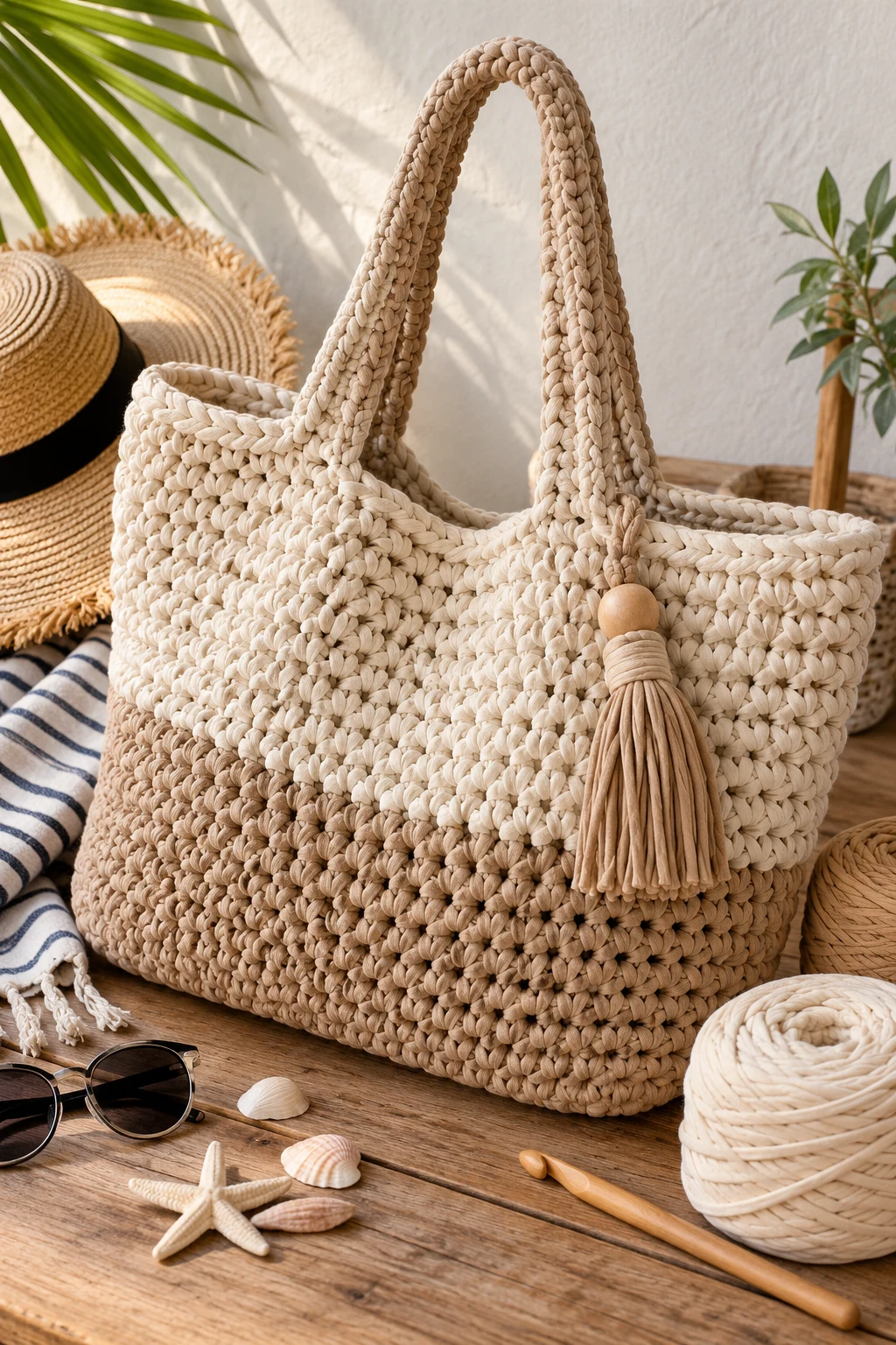 Oversized Beach Bag — tshirt yarn crochet bag style outfit