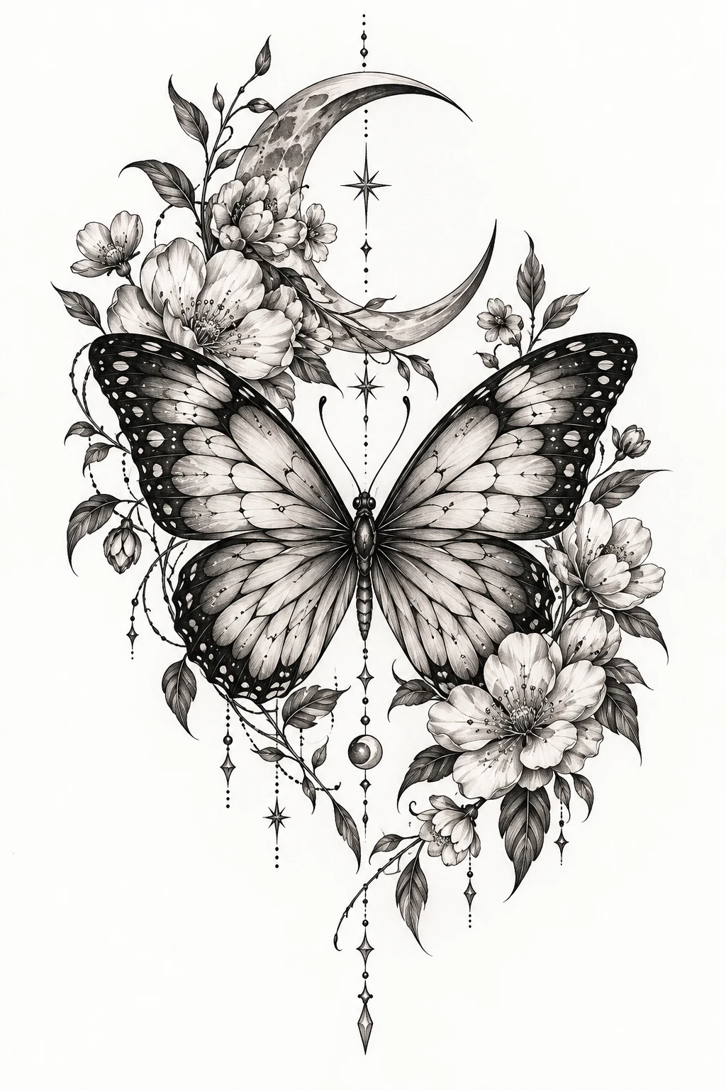 Butterfly Moon Garden: Unique Butterfly Tattoo Creative With Flowers — unique butterfly tattoo creative style outfit