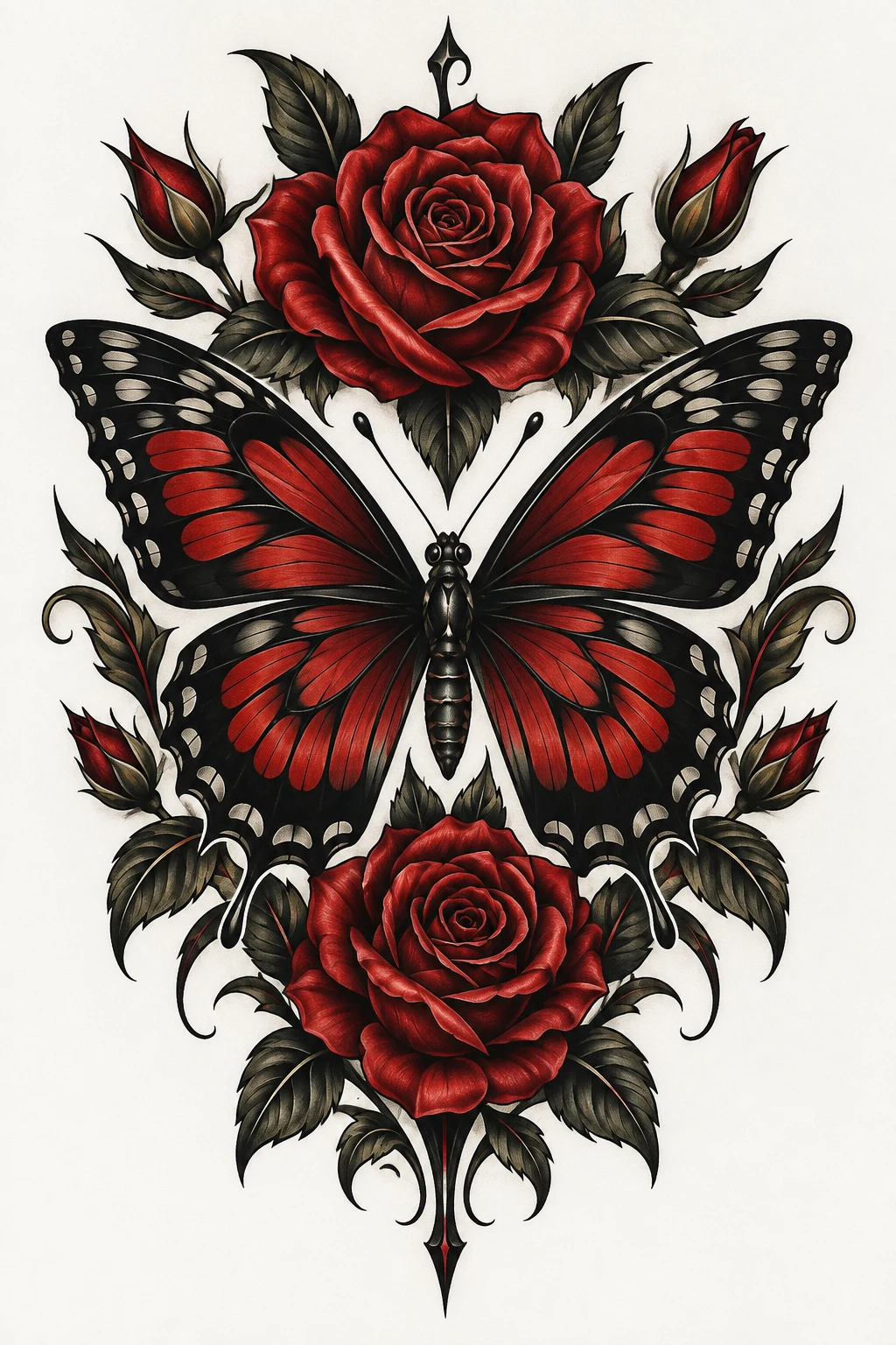 Neo-Traditional Butterfly With Red Roses — unique butterfly tattoo creative style outfit
