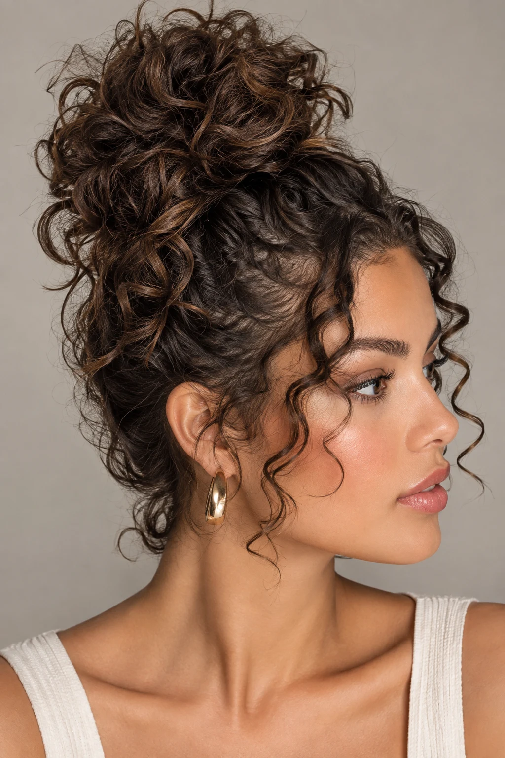 Messy Curly Top Knot — updos for short curly hair style outfit