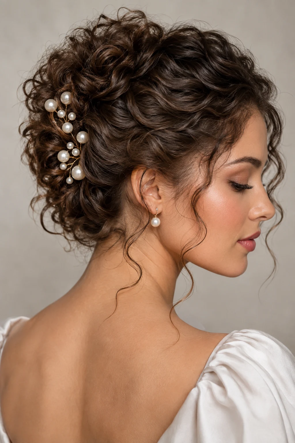 Pearl-Pinned Curly Updo — updos for short curly hair style outfit
