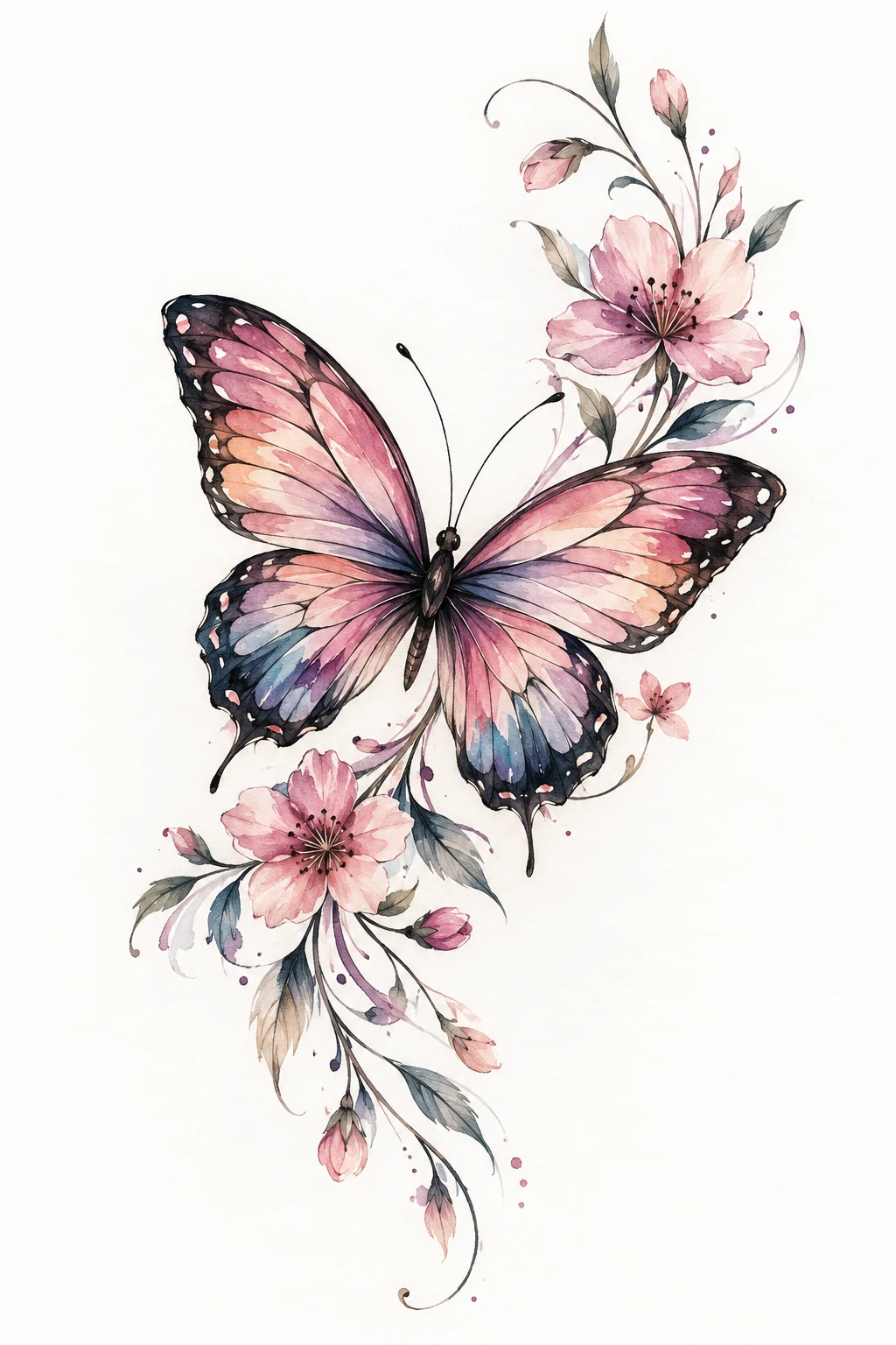 Butterfly With Soft Floral Trails — watercolor butterfly tattoo style outfit