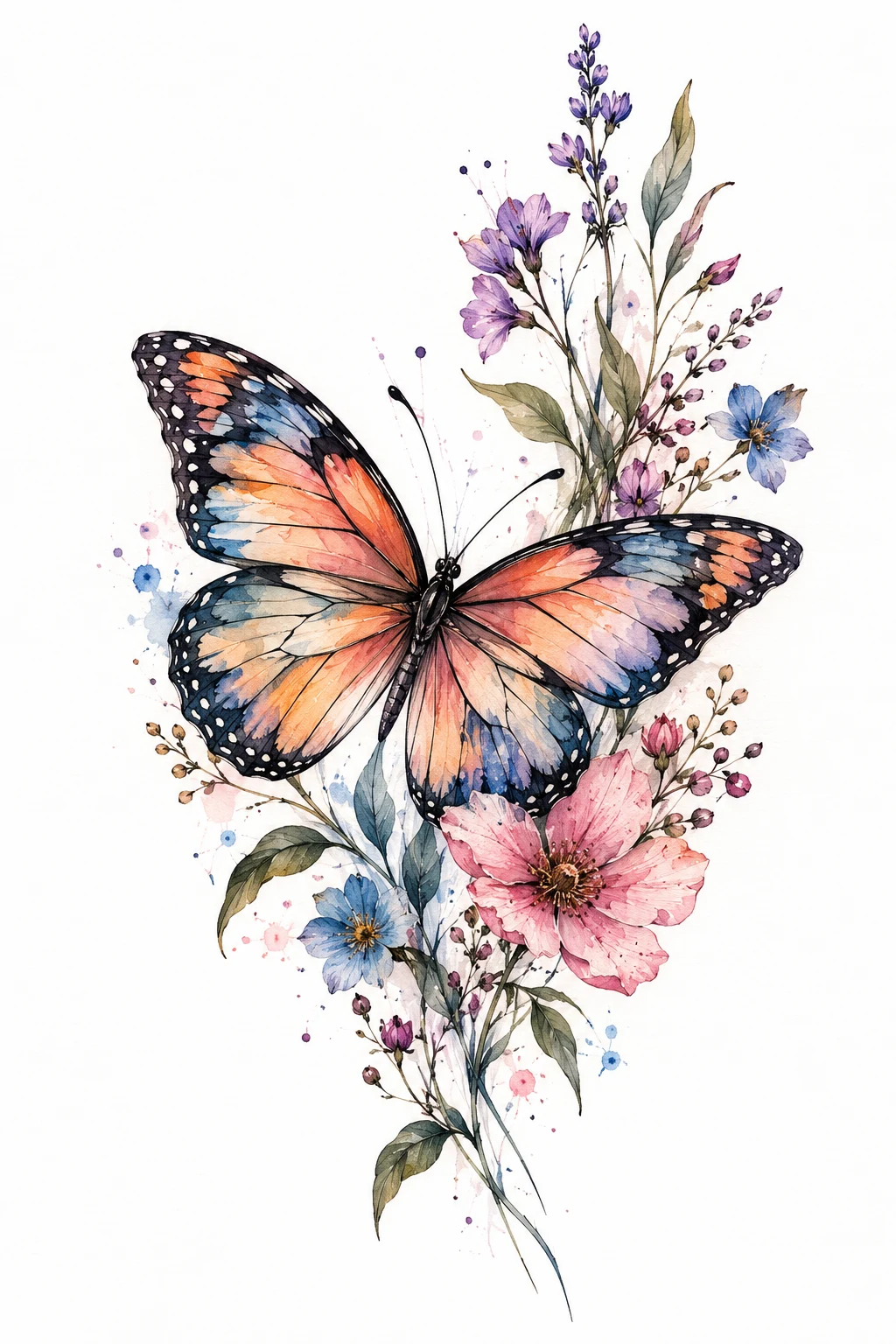 Butterfly With Wildflowers — Watercolor Butterfly Tattoo With Flowers — watercolor butterfly tattoo style outfit