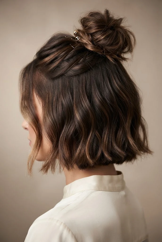 The Textured Half-Up Top Knot with Waves — wavy hairstyles for short hair women style outfit