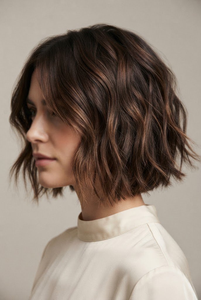 Textured Shaggy Waves — wavy hairstyles for short hair women style outfit