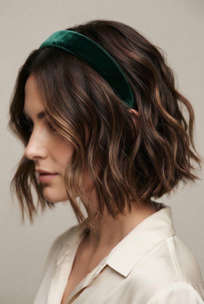 Velvet Headband Wavy Bob — wavy hairstyles for short hair women style outfit