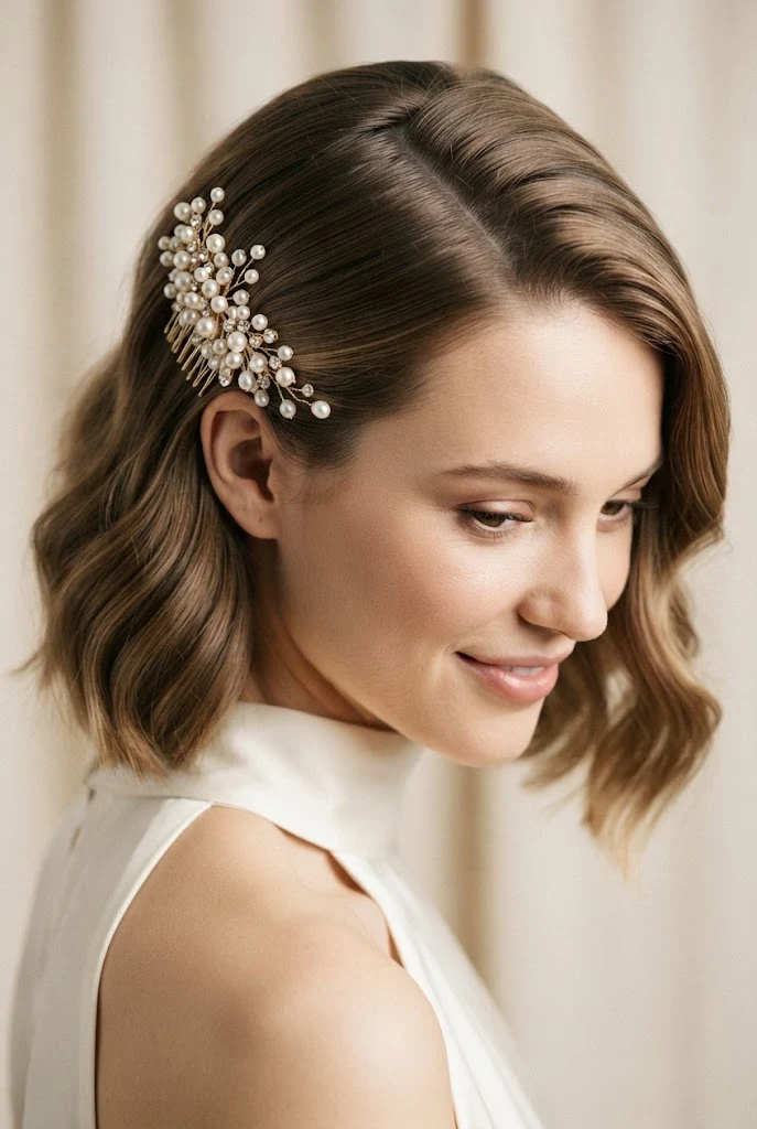 Pinned-Back Side Part with a Pearl Comb — Wedding hairstyles for short hair style outfit