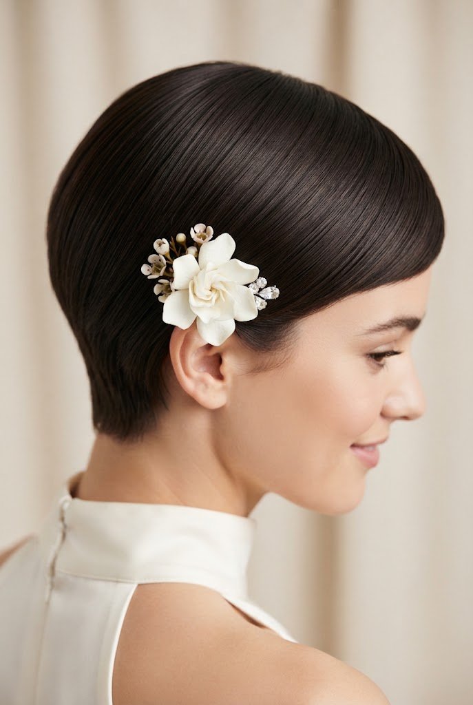 Sleek Pixie with a Floral Accent — Wedding hairstyles for short hair style outfit