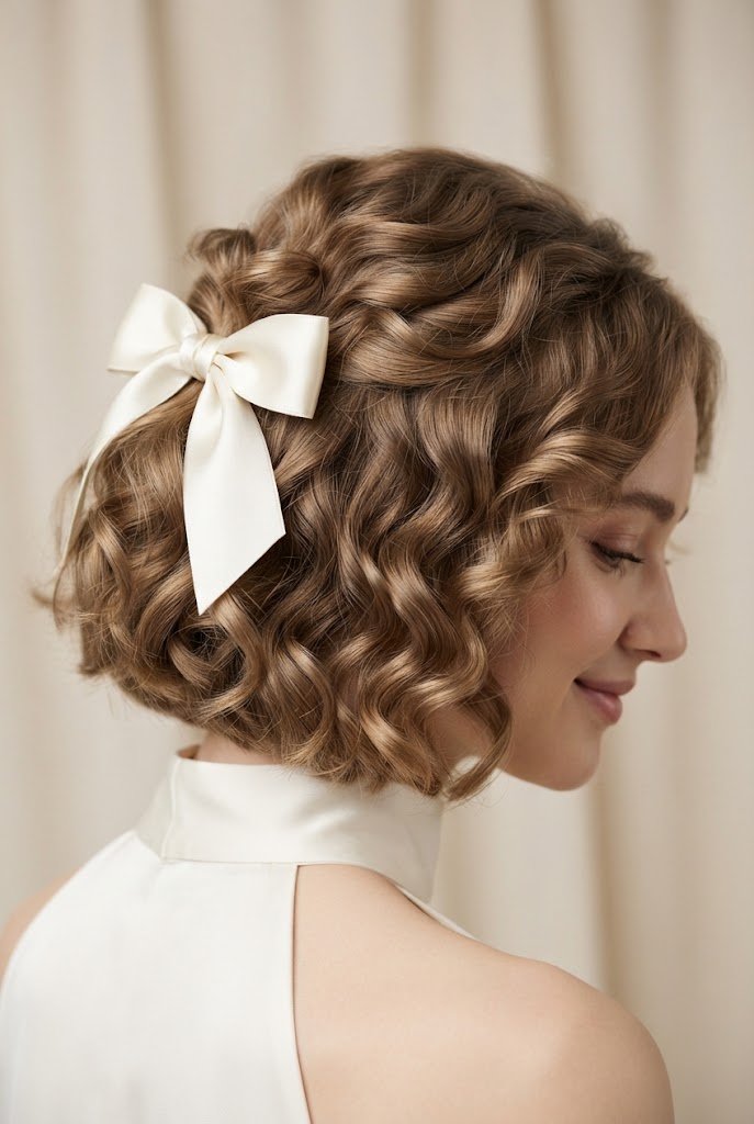Voluminous Curls with a Silk Ribbon — Wedding hairstyles for short hair style outfit