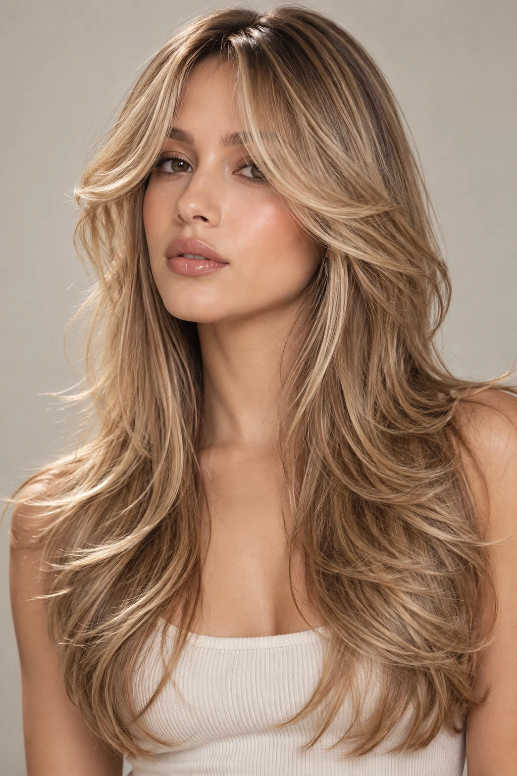 Long Hair With Feathered Layers — whispy curtains bangs style outfit